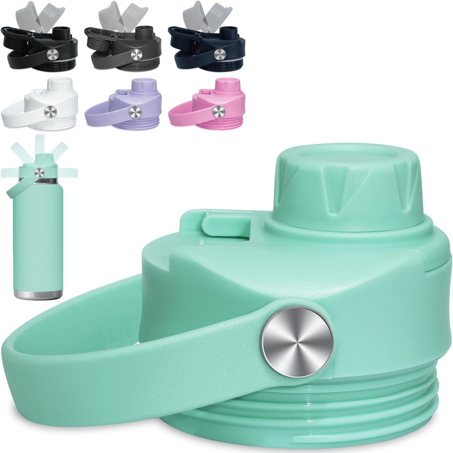 Chug Cap for YETI Rambler Lid Replacement - 12 18 26 36 64 oz and Jr. 12 oz Kids Bottle, Flex Handle Spout Top for YETI Straw Lid Accessories, Cap Top Removable Gasket Easy to Clean, BPA free -Seafoam