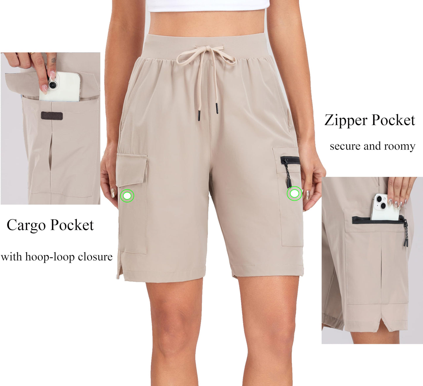 Oalka Women's Hiking Cargo Shorts Lightweight Zipper Pockets Khaki XL