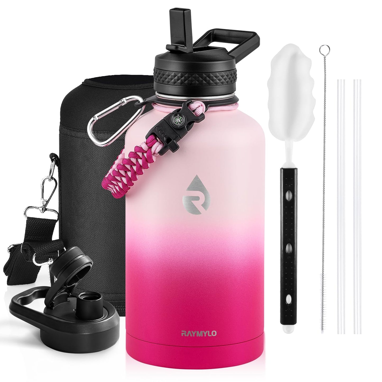 RAYMYLO Insulated Water Bottle 64 oz, Triple Wall Vacuum Stainless Steel (Cold for 48 Hrs), Leak Proof & Non-BPA, Half Gallon Water Flask Jug with Paracord Handle & Straw Spout Lids, Ombre Pink