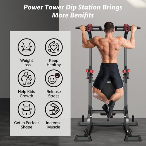 Pooboo Power Tower Dip Station Pull-Up Bar, Adjustable Multi-Function Fitness Equipment for Home Gym Strength Training, Full-Body Workouts, Vertical Knee Raises, Dips and Pull-Ups