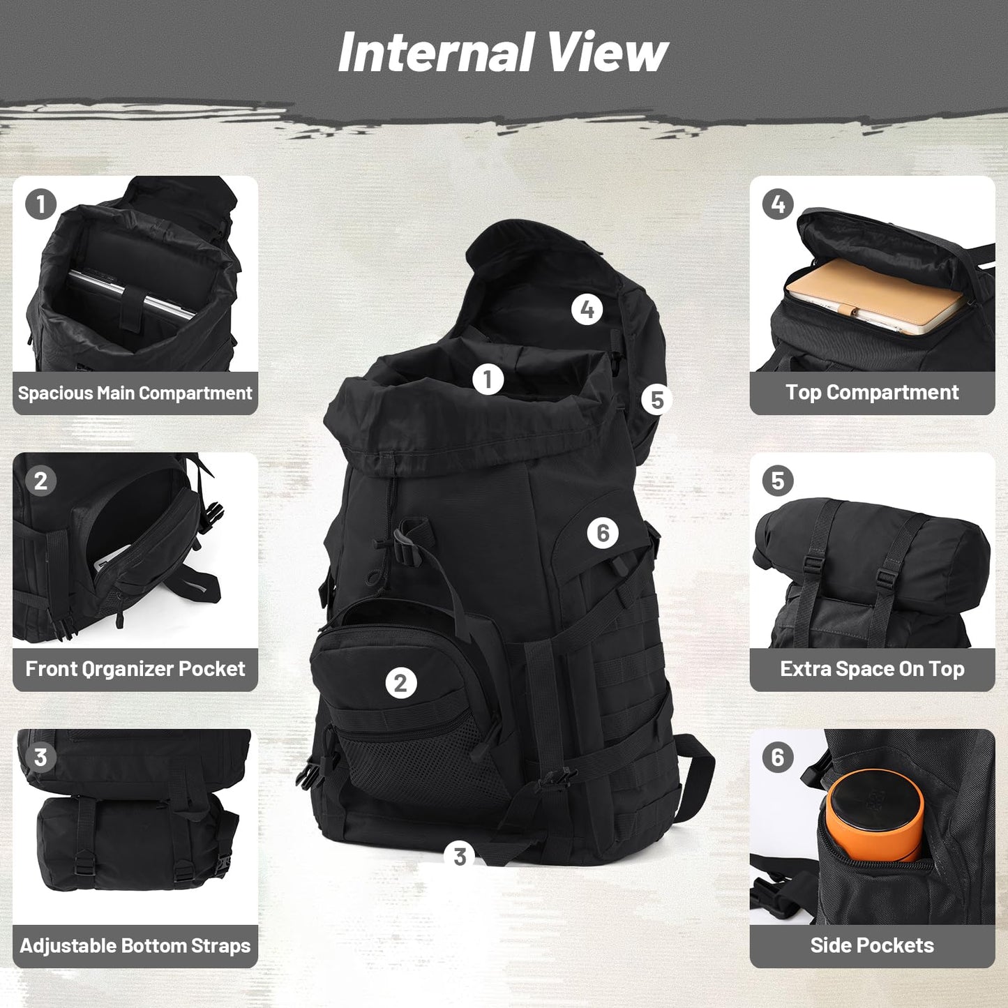 AUMENTAR 50L Tactical Backpack for Men and Women, Water-Resistant Molle Rucksack, Large Military Assault Pack for Hiking, Hunting, Camping, Gym & Outdoor Survival Black