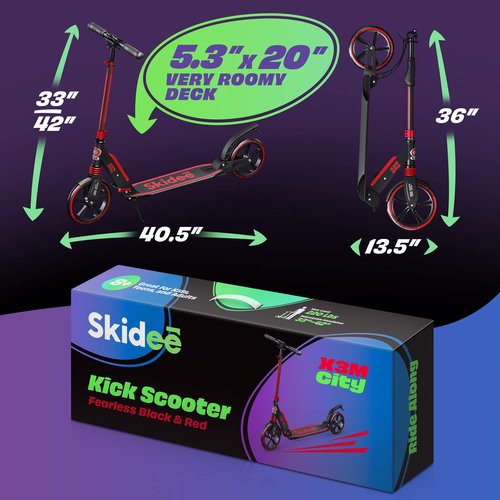 Skidee Kick Scooter for Kids Ages 6-12 - Large Sturdy Wheels, Anti-Shock Suspension with Adjustable Handlebar Up to 41" High - Foldable, Lightweight Scooters for Kids, Teens & Adult, Max Load 220 Lbs
