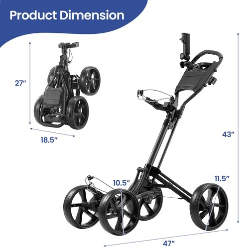 Cavevine Golf Push Cart 4 Wheel, Golf Push Cart with One-Click Folding, Push Carts for Golf Bags, Golf Trolley with Cup Holder, Umbrella Holder, Handle Height Adjustable, Walking Push Cart