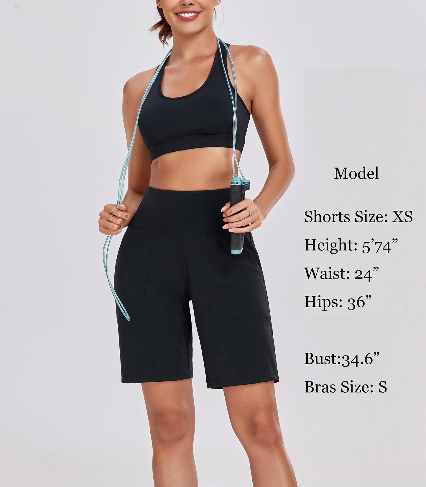 Oalka Women's High Waisted Shorts Yoga Workout Bermuda Long Hiking Shorts with Pockets 10" Shorts Black L