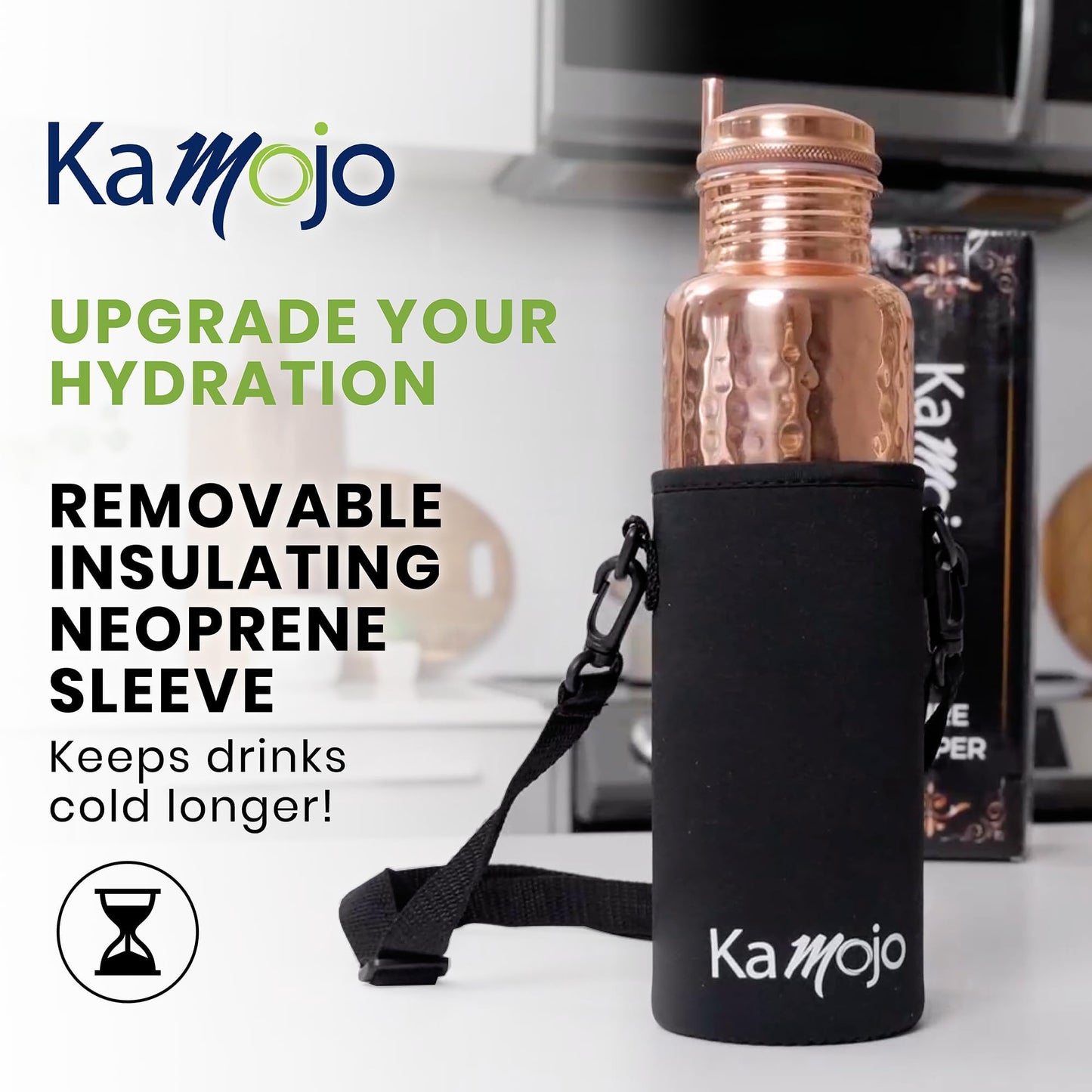 Kamojo Copper Water Bottle for Drinking - Hammered 100% Pure Copper Tumbler with Leak Proof Lid, Removable Insulating Sleeve & Straw - Handcrafted Ayurvedic Cup for Water 32 fl oz
