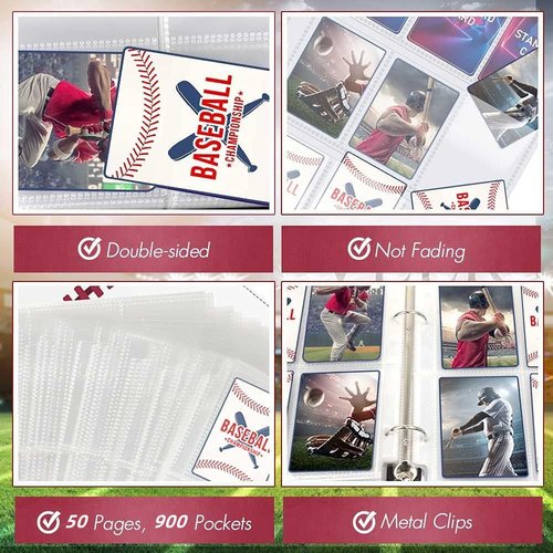 Trading Card Binder Album, PU Leather Baseball Card Binder with 900 Side Loading Pockets, Double Sided Pocket Zipper Card Binder for MTC, TCG, Game Cards, Sports Cards (Baseball)
