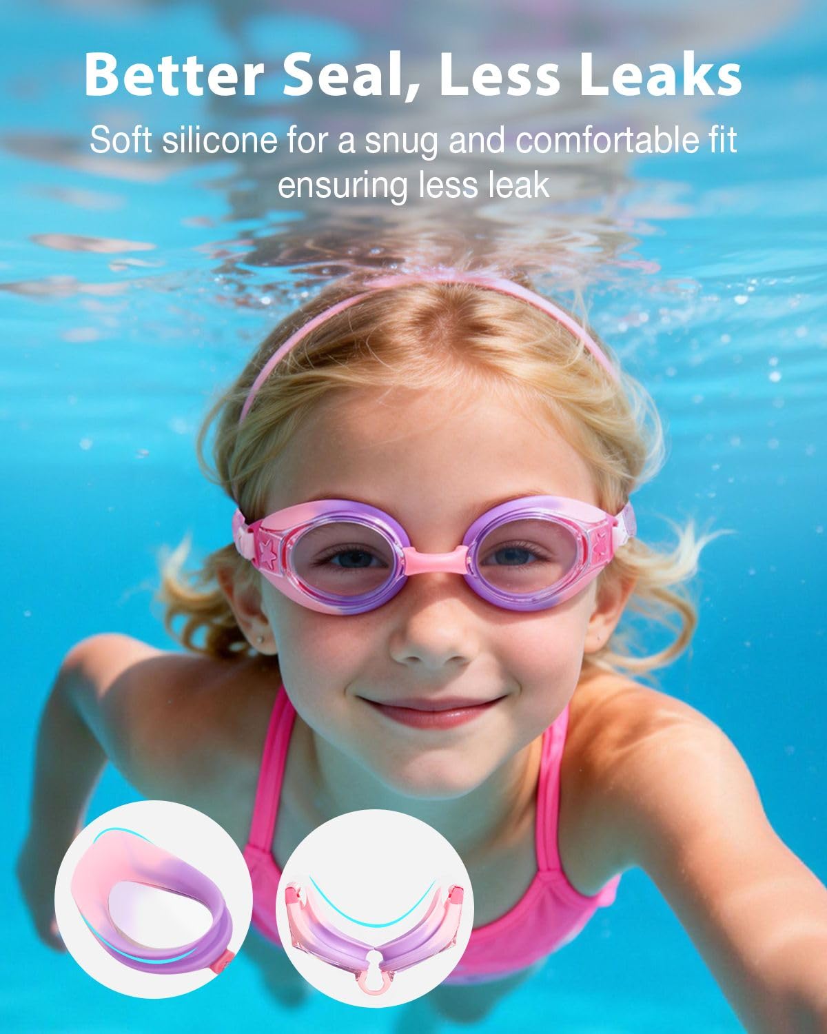 Pixel Panda 2 Pack Kids Swim Goggles with Fabric Strap for 3-12 Anti-Fog Anti-UV, No Leak No Hair Pulling Swimming Goggles Boys Girls Youth Toddlers Pool Water Protection(Pink and Purple)