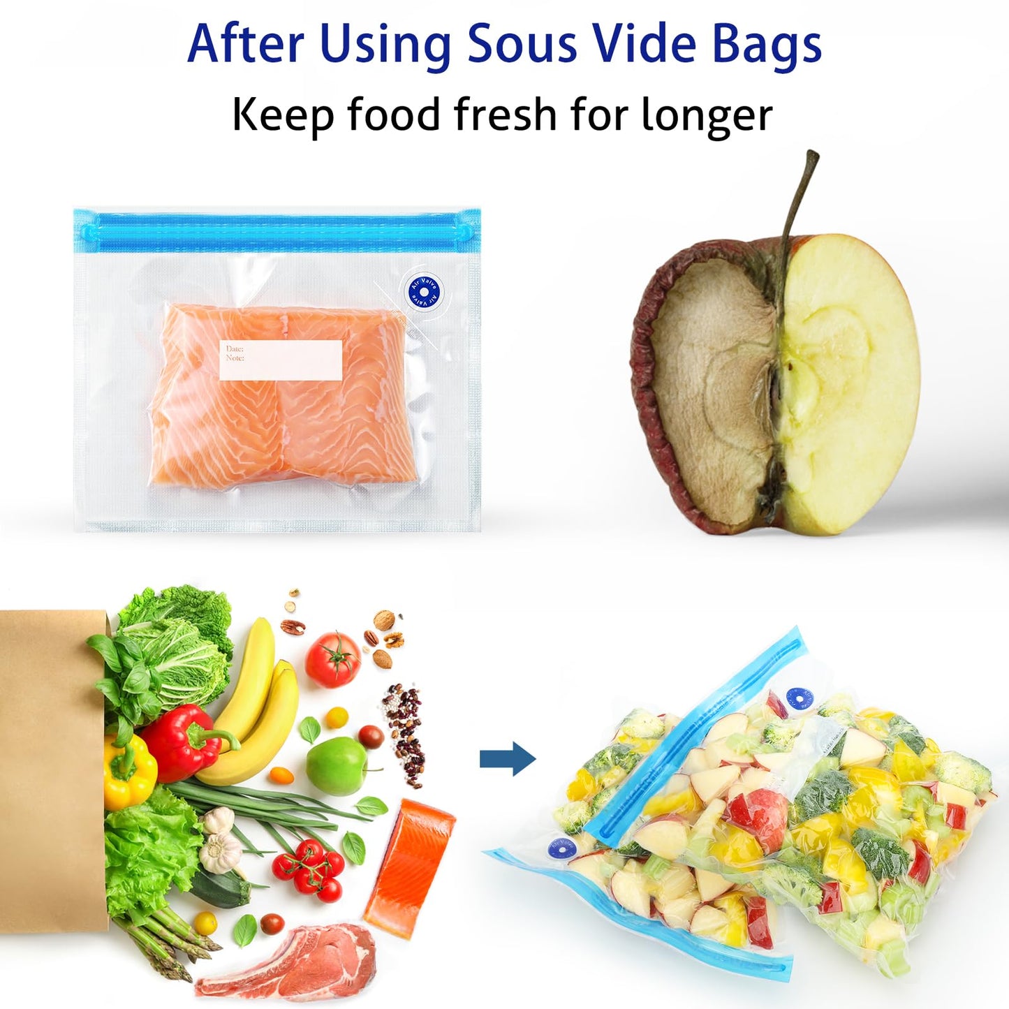 Sous Vide Bags 31 Pcs (24 Pcs Vacuum Zipper Bags & 2 Seal Clips & 5 Air Valves),Reusable BPA Free Vacuum Sealer Bags Vacuum Food Storage Bags for Cooking/Food Storage/Microwave Heating