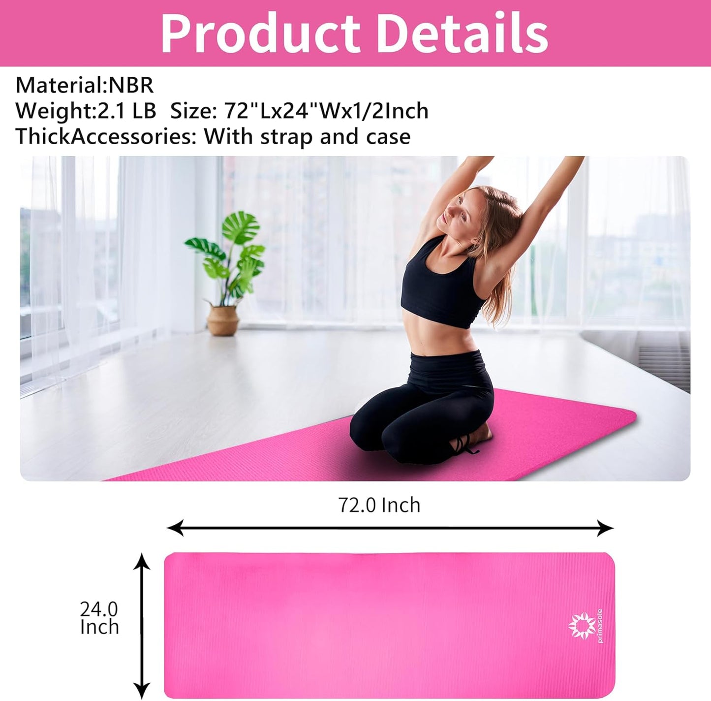 1/2-Inch Extra Thick NBR Yoga Mat with Enhanced Stability - Textured Design, Lightweight Mat with Carrying Strap & Case for Yoga, Pilates, Gym & Home Use (Multiple Colors)