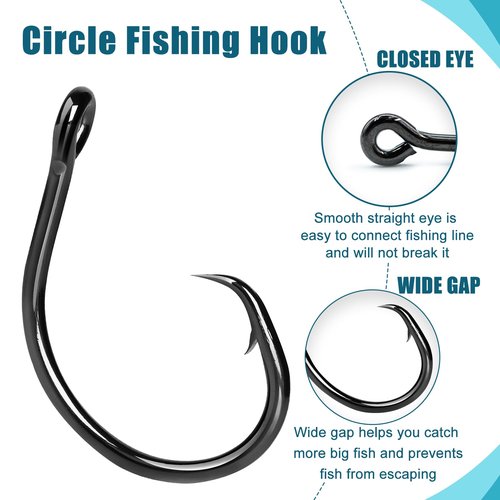 9KM DWLIFE Fishing Hooks Circle Hooks 25pcs 4X Strong Fish Hook,High Carbon Steel Non-Offset Closed Eye Wide Gap for Catfish Striped Bass Salmon Fresh and Saltwater 2/0