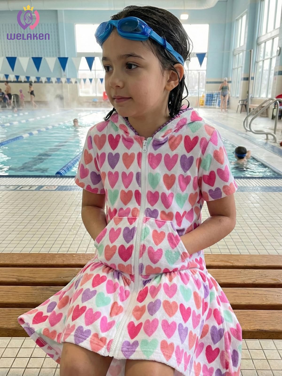 WELAKEN Girls Hooded Terry Swim Cover-Up Dress Full Zip Cute High-Low Hem Beach Dress with Pockets for Toddlers & Kids,Heart,6-7Y