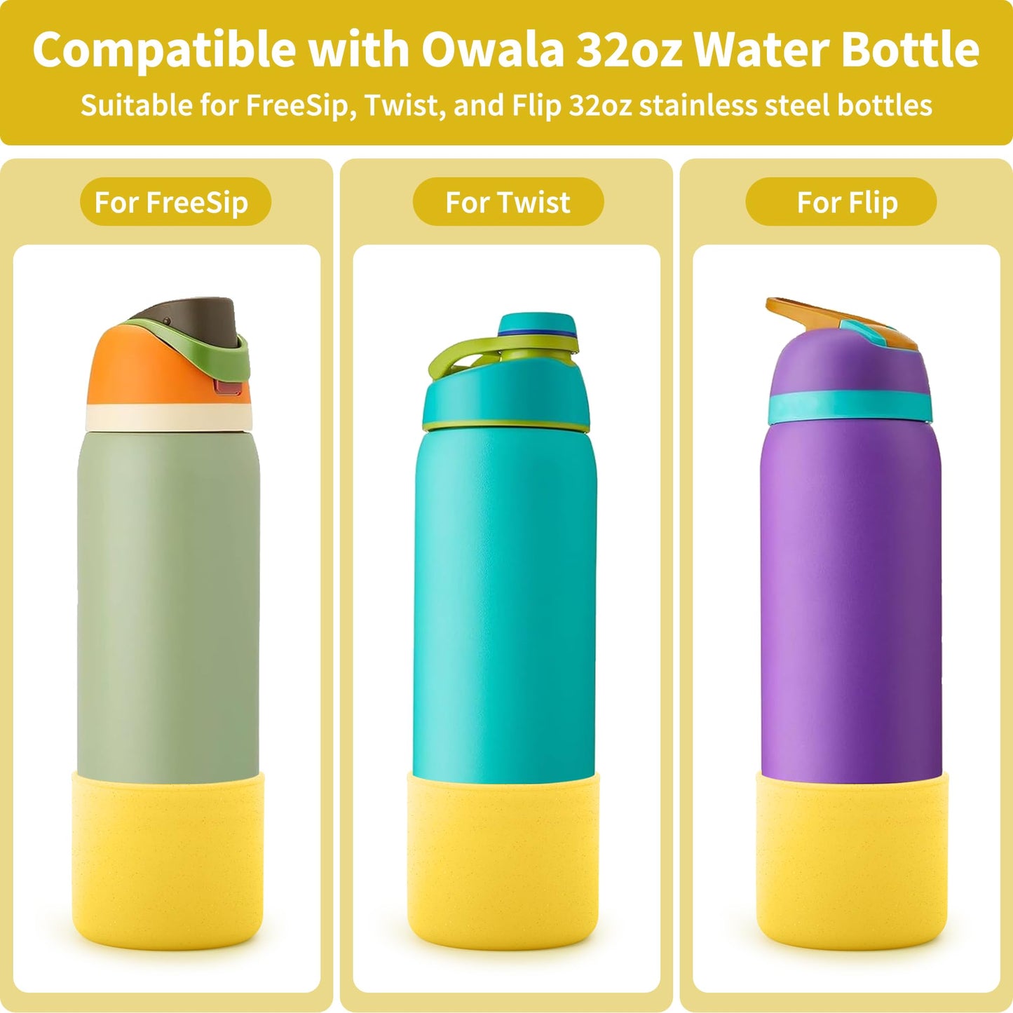 Diumepo Silicone Water Bottle Boot for Owala 32 oz, Anti-Slip Protective Sleeve for Owala Twist & FreeSip & Flip Stainless Steel Water Bottle, Boot Bottom Base for Owala (Glitter Yellow)