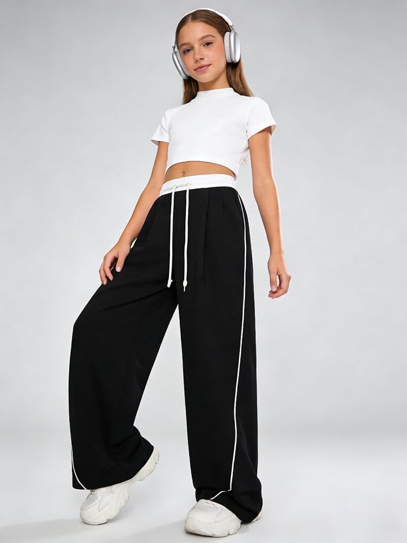 2 Pack Kids Sweatpants Wide Leg High Waist with Pockets – Black & Grey, 7-14 Years