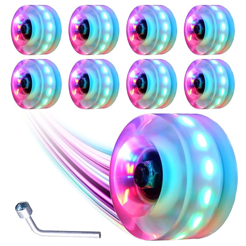 Light Up 8-Pack Roller Skate Wheels 78A with ABEC-9 Bearings - RGB LED Lights, 32x58mm