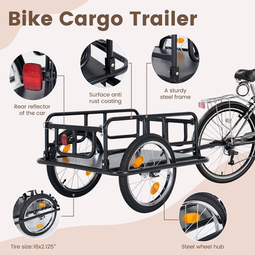 H&ZT Bike Cargo Trailer, 176 lb Load Capacity, 16″×2.125″ Pneumatic Wheels, Quick-Attach Pin Release Hitch, Anti-Rust Steel Frame with Reflectors