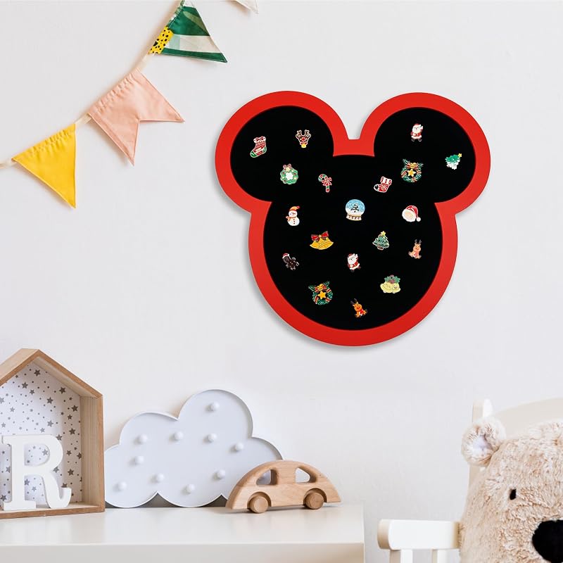 Pin Board Display Case Frame with Stand Easel - Velvet Mouse Design, Red+Mouse
