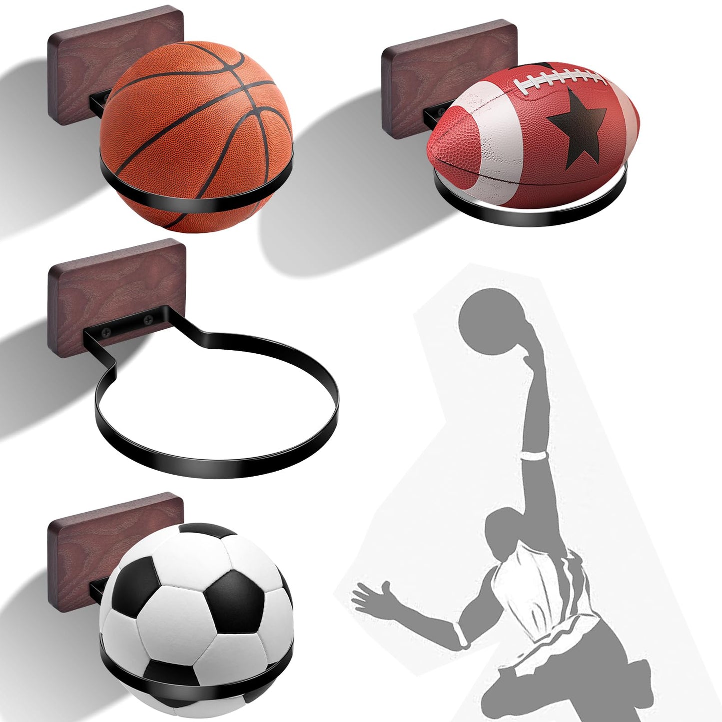 Basketball Holder Wall Mount, Solid Wood Ball Storage Wall Decorations for Basketball, Football, Soccer, Volleyball Collection, Stylish Basketball Rack Display for Home Decor (Beech Wood-4 Packs)