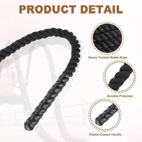 MECCANIXITY Battle Rope 20ft x 1 Inch Polyester Workout Rope Heavy Fitness Exercise Rope for Strength Training Home Gym Muscle Building, Black