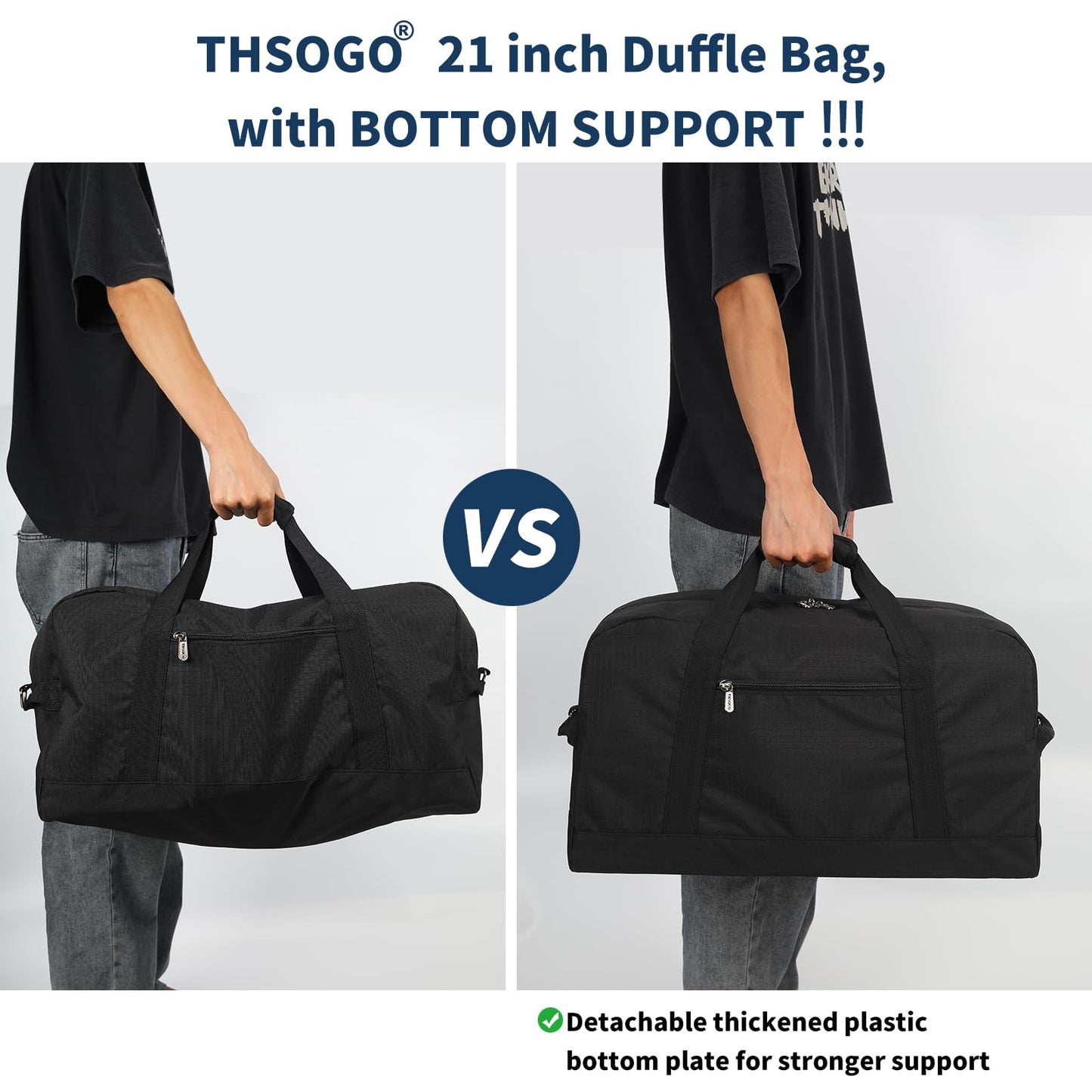 THSOGO 21 inch Gym Bag for Men - 40L Travel Duffel Bag Sport Duffle Bags for Weekend Overnight with Bottom Support (Black）