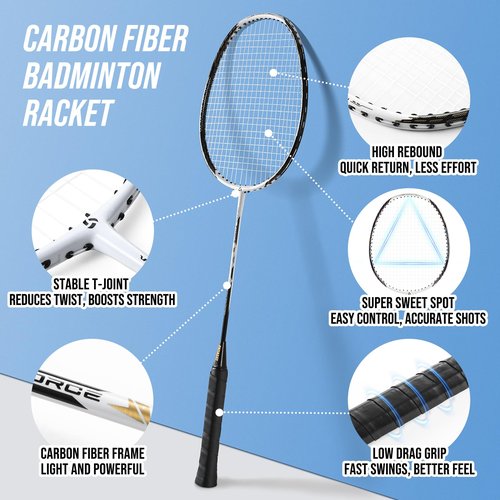 Patiassy Professional Badminton Set with Carbon Aluminum Badminton Rackets Set of 4, Outdoor Portable Badminton Net with Winch System, 2 Goose Feather Badminton Shuttlecocks, Boundary and Carrying Bag