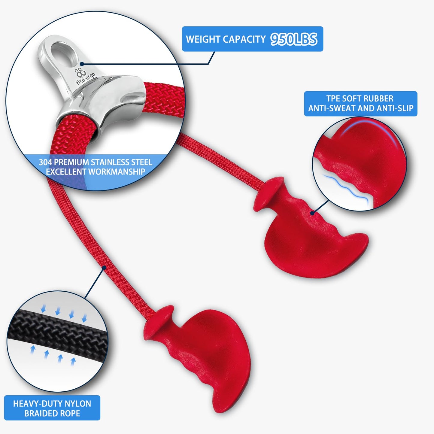HXD-ERGO Tricep Rope with Ergonomic Handles, 36 Inch Tricep Pull Down Rope for Cable Machine, Pulley System, Triceps Rope Cable Attachment for Gym, Home (Red)