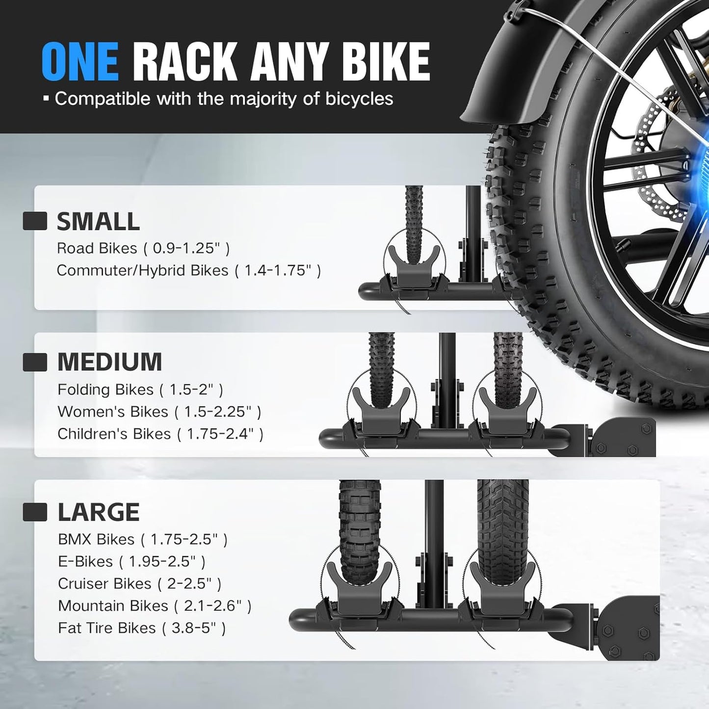 2 EBike Rack up to 5", Foldable & Lockable Bike Racks with Ramp, 200 LBS Capacity Fat Tire Carrier, Electric Bicycles Racks Platform for Standard, Fits 2" Hitch for SUVs Cars Trucks Vans