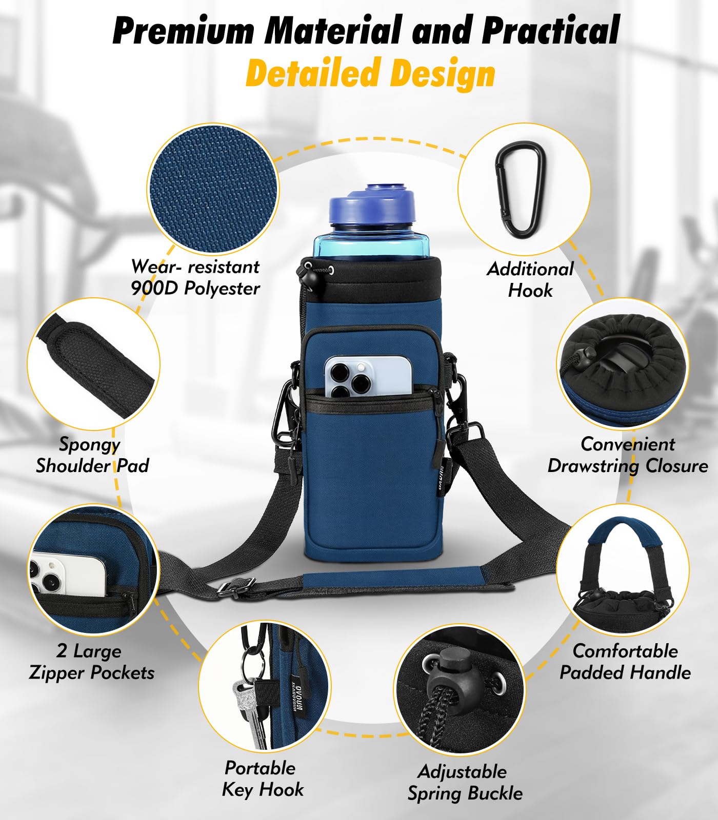 Nuovoware Magnetic Gym Bag, 40oz, Water Bottle Carrier Holder, Indigo