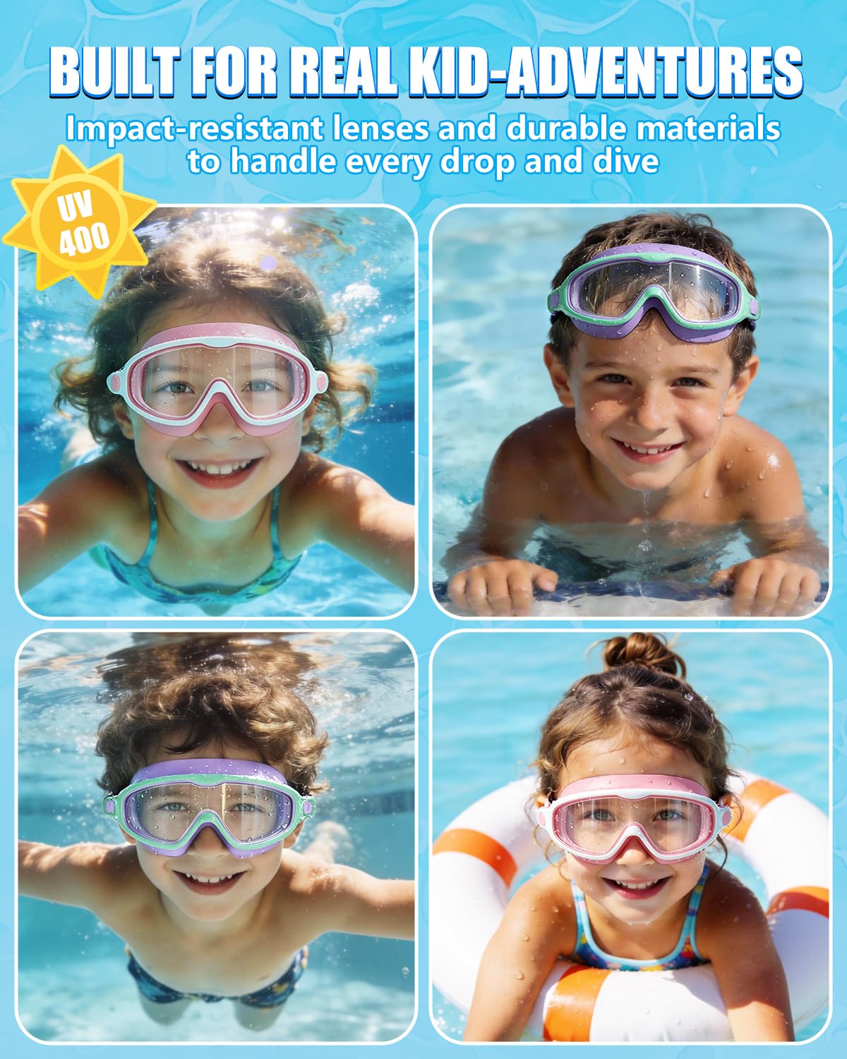 Aegend Swim Goggles 2PCS Wider Vision Swimming Goggles for Kids 3-14 (Pink & Purple)