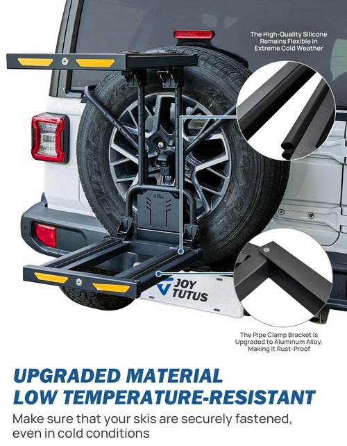 JOYTUTUS Spare Tire Ski Snowboard Rack with Security Lock Folding for Wrangler Gladiator Bronco SUV, Max Load 6 Pairs of Skis or 4 Snowboards, Fit 31.5"-32.5" Spare Tire