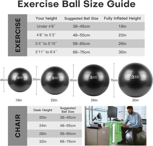 Gruper Yoga Ball, 55-75cm Extra Thick Exercise Ball for Workout Fitness Balance, Anti Burst Chair for Home and Office Desk,Includes Hand Pump & Workout Guide Access (Black, 26 inch (65cm),L)