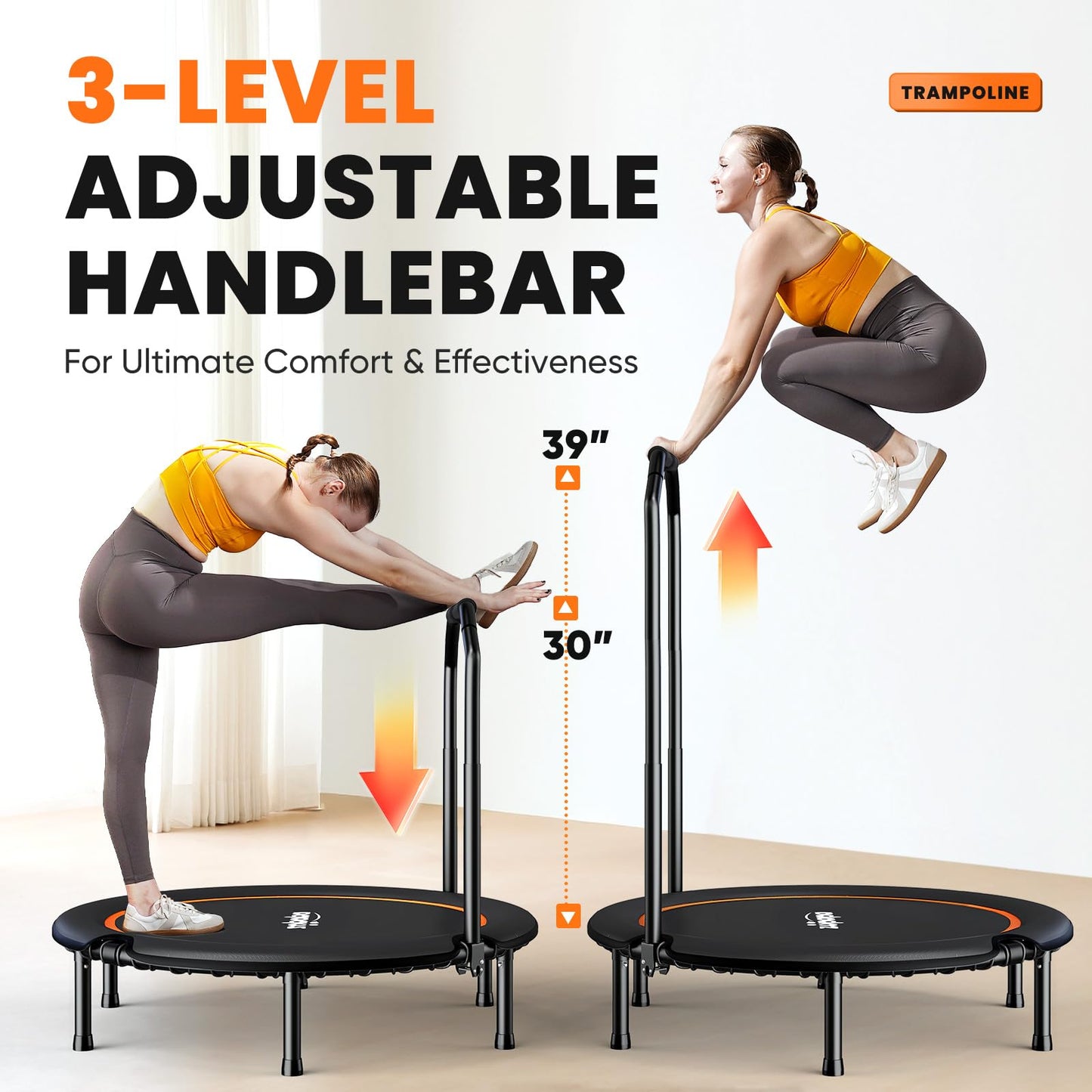 Zupapa 48in Foldable Rebounder, 550LBS Fitness Trampoline with Durable Bungees, Adjustable Handle, Stable & Quiet Exercise Rebounder for Adults, Great Exercise Trampoline for Home/Gym Workout