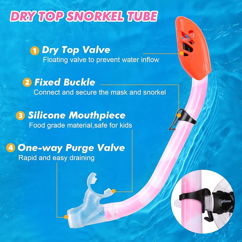 Kids Snorkel Set with Anti-Fog Mask & Dry Top Snorkel - Pink/White