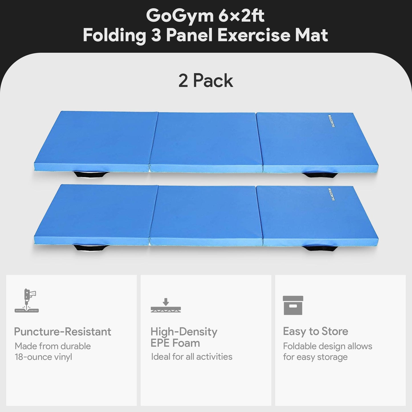 BalanceFrom 2-Pack 6x2 Feet 3-Panel Folding Gymnastics Mat, Blue – 2-Inch Thick Pad with Vinyl Surface and Carrying Handles for Tumbling, Yoga, Pilates, Home Workouts, and Martial Arts