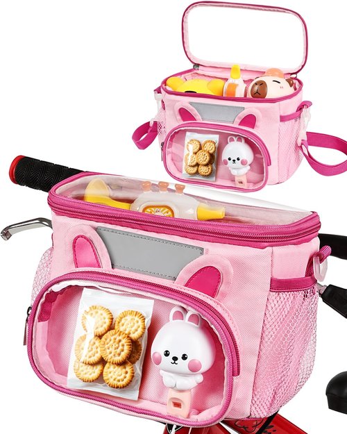 Kids Bike Basket, Front Handlebar Bicycles & Scooter Basket, Kid Ride Basket Bag with Detachable Strap for Girls, Boys, Toddlers - Clear Lid, Adjustable Straps, Cute Ear Design