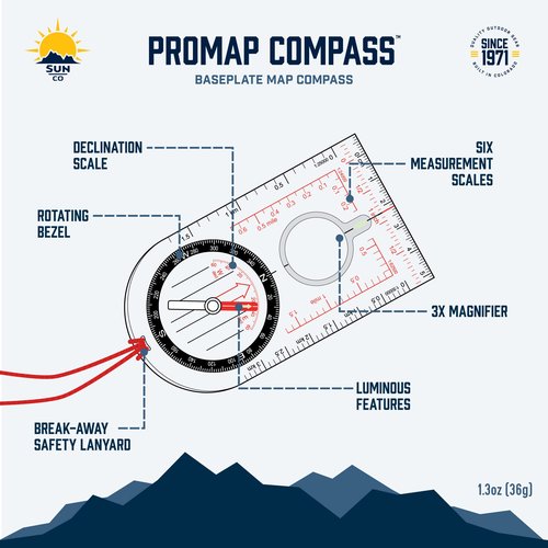 Sun Company ProMap Compass - Ultra Lightweight Baseplate Map Compass with Declination Scale - Accurate Orienteering Base Plate Compass for Hiking, Backpacking, Camping, and Survival Navigation