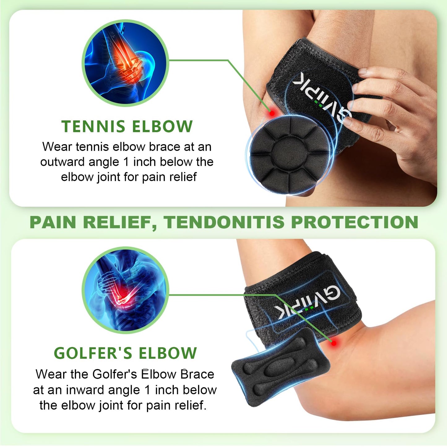 Gviipk Tennis Elbow Brace for Men Women, Adjustable Elbow Strap for Tendonitis with Compression Pad, Golfers Elbow Brace for Pain Relief, Arm Forearm Brace Bands - Black 1 Pack