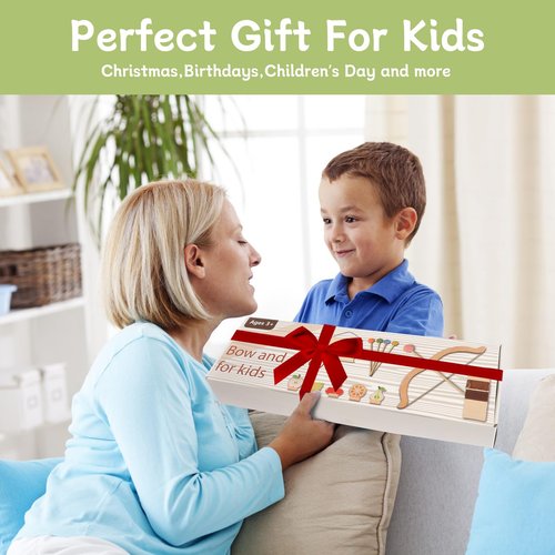Tislly Wooden Kids Bow and Arrow Set - Safe for Ages 3+, Indoor & Outdoor Archery Gift Toys for Children, Boys & Girls, Includes 5 Arrows, 5 Fruit Targets, 1 Cotton Quiver