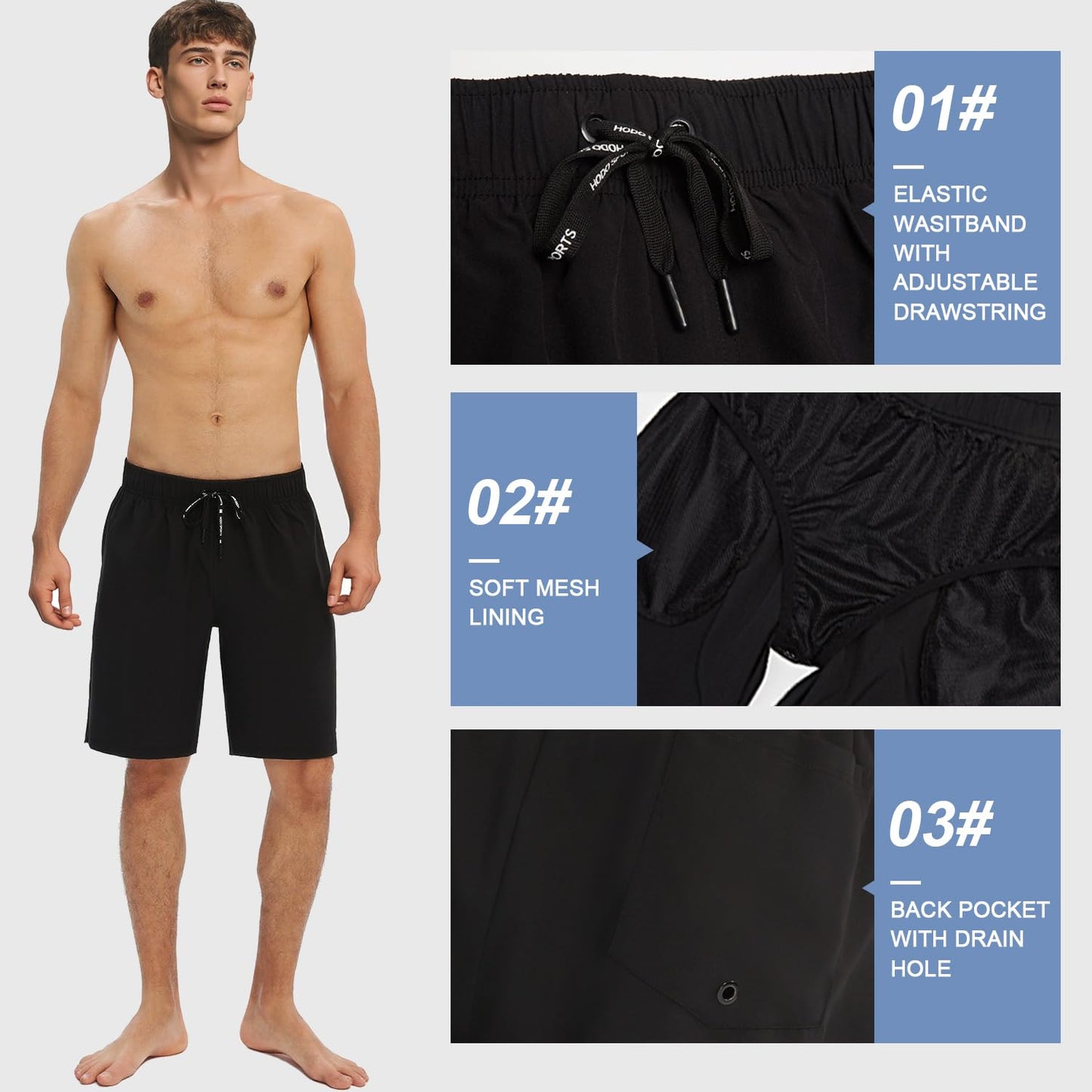 HOdo Mens Swim Trunks with Mesh Liner 9" Quick Dry Swim Shorts Bathing Suits for Men Swimwear Board Shorts wiht Pockets Black XL