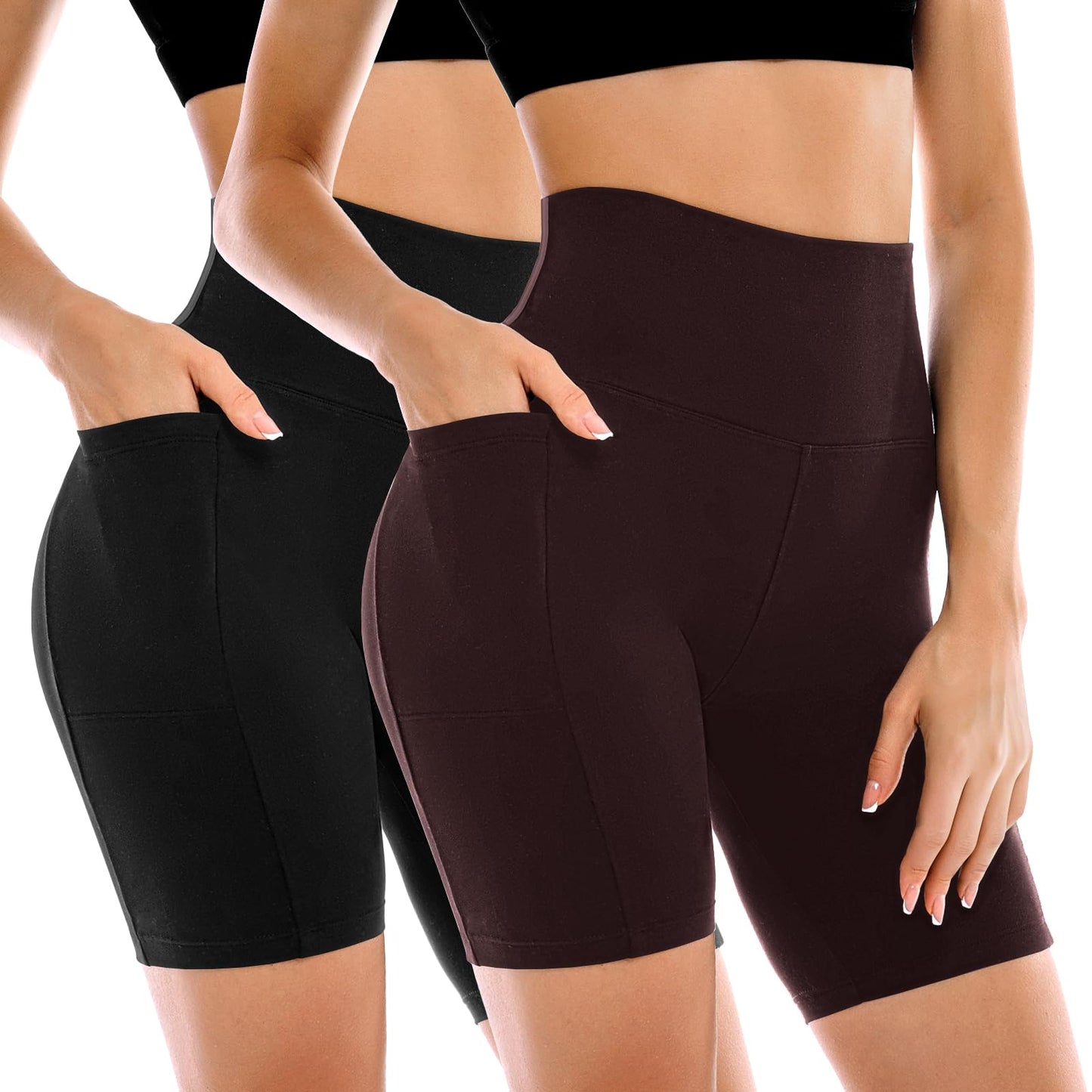 Leafigure 2 Pack Womens Biker Shorts with Pockets, High Waisted Tummy Control Yoga Shorts for Women Running Gym and Workout Black/Brown S-M