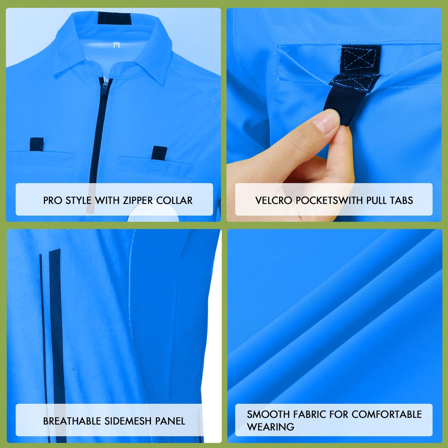 Soccer Referee Shirt Jersey kit Long Sleeve Pro Ref Costume Umpire Uniform with 3 Pcs Replace 3" Round Adhesive Hook & Loop Badge Holder, Referee Wallet with Red Card and Yellow Card Blue S