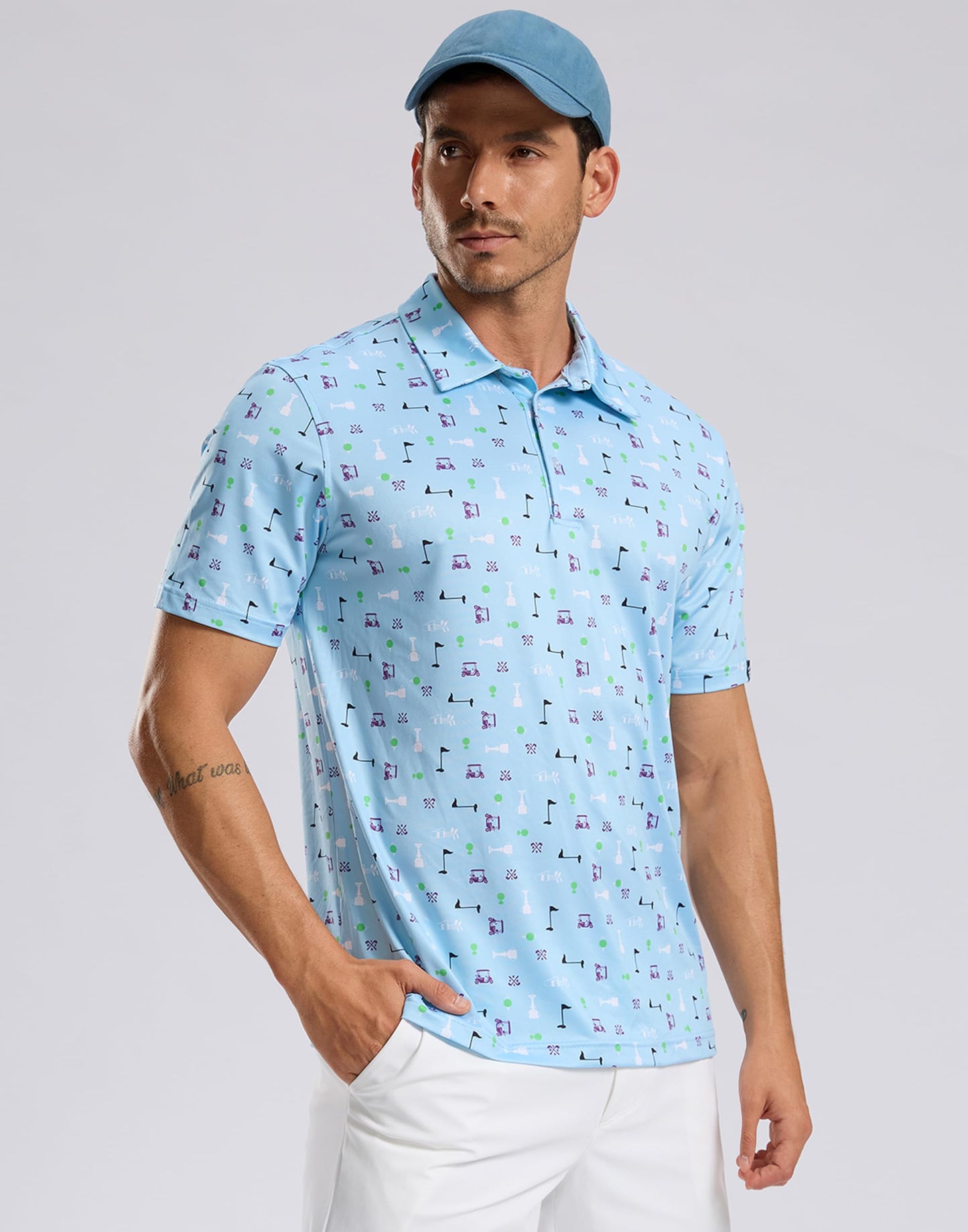 Men's Golf Shirt Short Sleeve Dry Fit Polo Moisture Wicking Print Collared Golf Shirts for Men Casual Lightweight(Golf Collection,L)