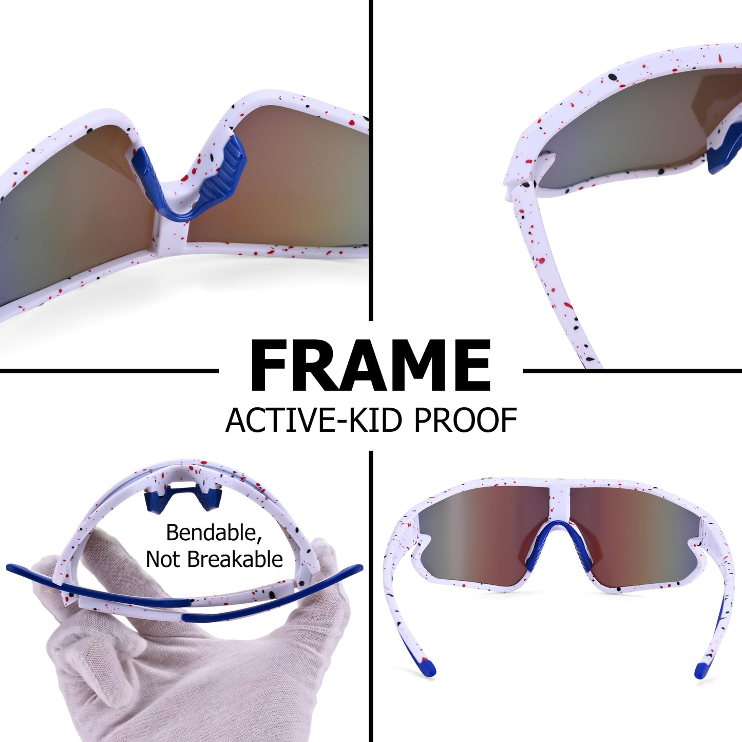 GLARDEFE Kids Baseball Sunglasses - Youth Baseball Sunglasses for Boys Girls - Sports Softball Shades Age 6-14(White/Blue Mirror + Black/Silver Mirror)