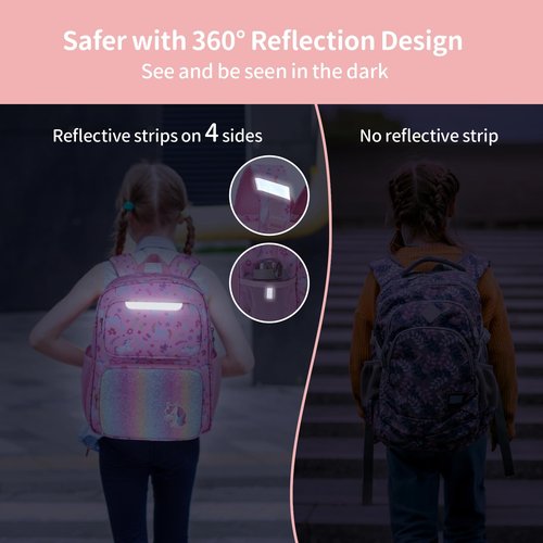 BrainyBees Kids Backpack for Girls - 15 Inch Unicorn Backpack for Kids 3 to 8, School Bookbag for Preschool Kindergarten and Elementary 1st 2nd, Insulated Pocket and Reflective Stripe, Pink Unicorn