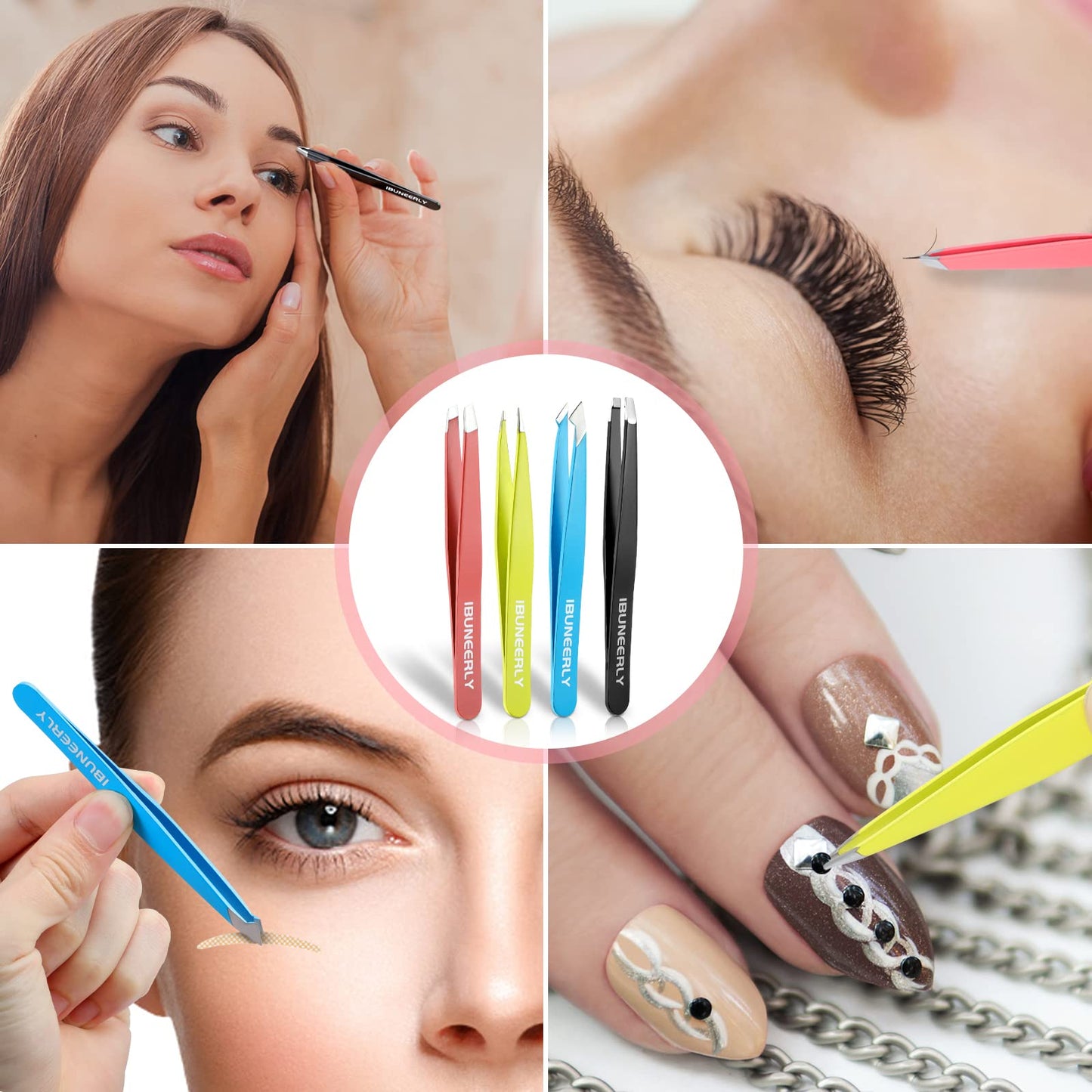 iBuneerly Eyebrows Tweezers Set, 4Pcs Stainless Steel Tweezers for Women with Travel Case, Great Precision for Ingrown Hair, Facial Hair and Splinter Removal