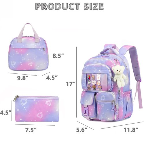 HuiLeo Kids Backpack for Girls Cute School backpack with Lunch Box Kawaii Book Bag Set for Primary Elementary School,Purple