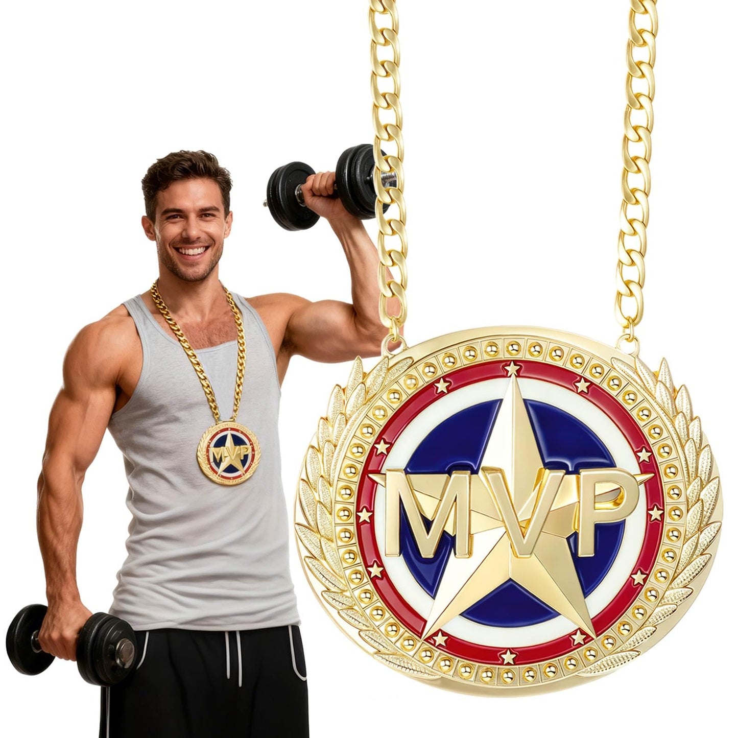 BSTWARM 6" Heavy Duty Champion Awards Medal Trophy - MVP Big Gold Turnover Chain for Football Fantasy Basketball Soccer Sports Achievements Necklace Athlete Prize Gifts