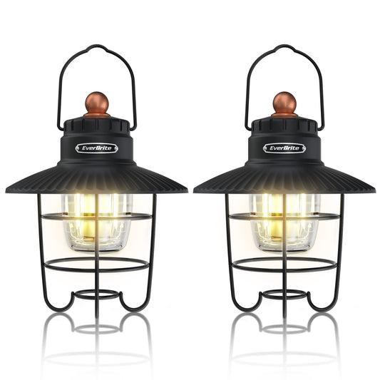 EverBrite LED Camping Lantern Pack of 2, USB C Rechargeable Lantern with 3 Light Modes, Vintage Outdoor Lanterns with Power Bank Function for Power Outages, Hurricane, Emergency, Fishing