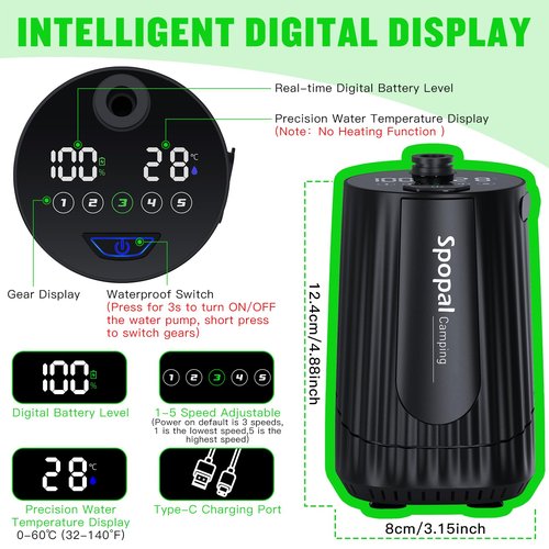 Spopal Portable Camping Shower - 10000mAh Rechargeable, 5-Speed, IPX8 Waterproof, LED Display Camp Shower Pump- Perfect for Hiking, Travel, Cars & Pets (Black)