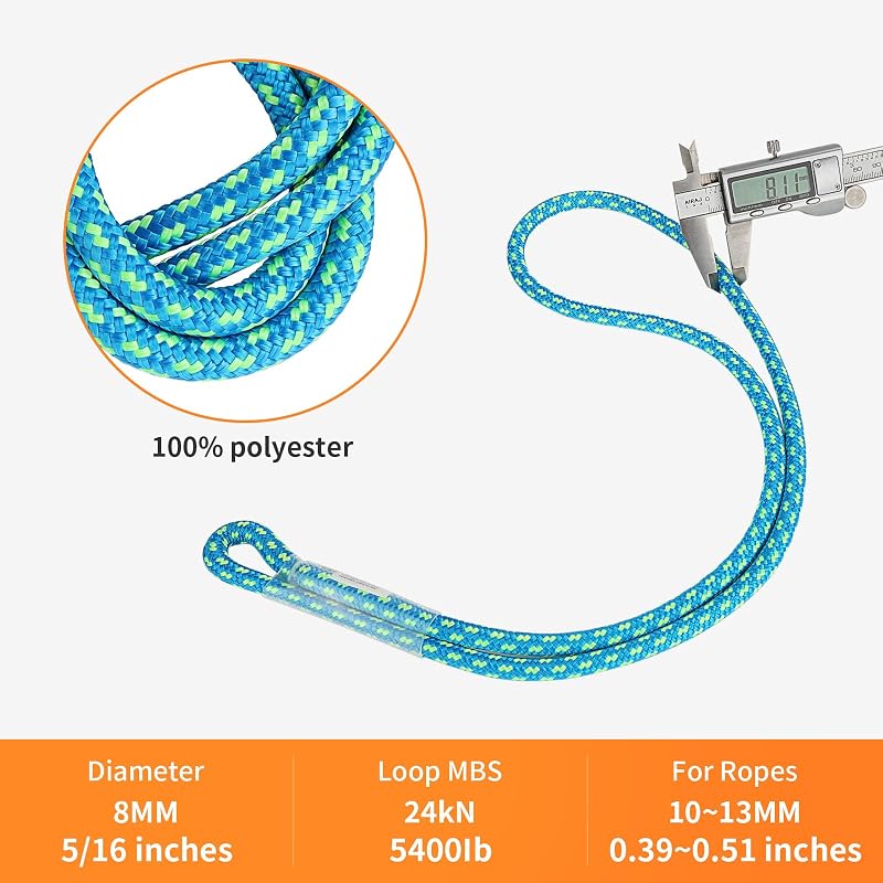 Prusik Loop 8mm Pre-Sewn 18 Inch Rope for Climbing - 24kN MBS, Blue Variation