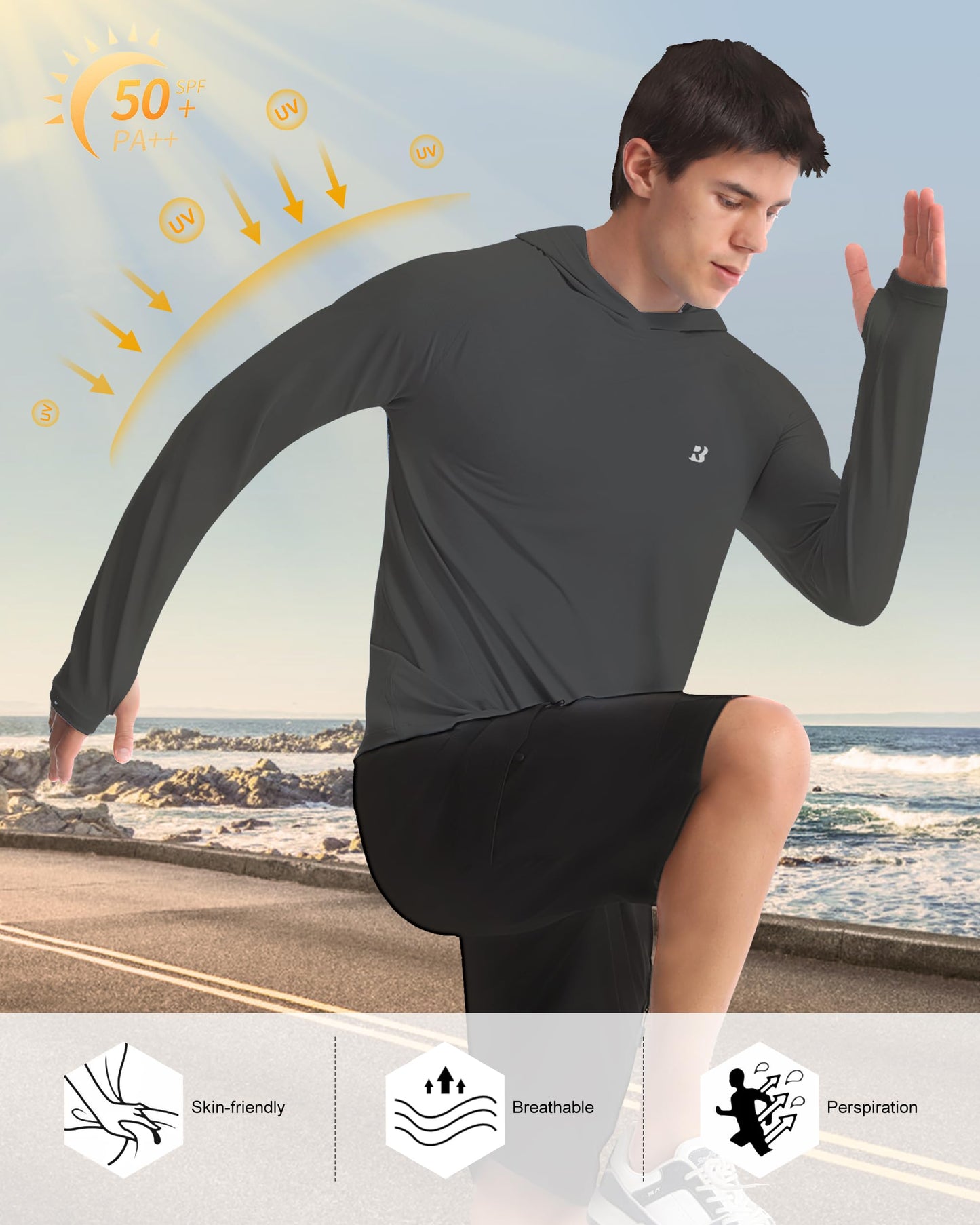 Roadbox Mens Sun Protection Shirts, UPF 50+ Long Sleeve Fishing Shirt with Hood, Lightweight UV SPF Hiking Running Workout Athletic Rash Guard Quick Dry Dark Gray